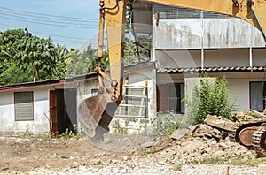 Bucket Excavator. excavator destruction in Work outdoor construction