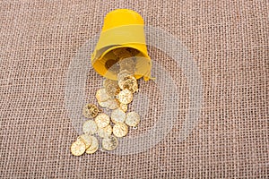 Bucket and fake gold coins on canvas