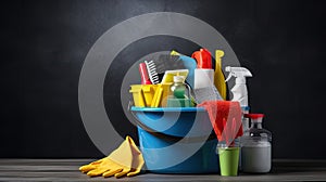a bucket filled with cleaning supplies placed on a table against a grey background, creating a visually appealing