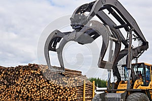 Bucket a forestry grapple loader against the background of a stack of logs outdoors