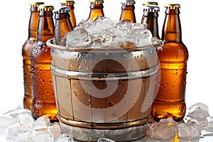 A bucket full of amber beer bottles on ice