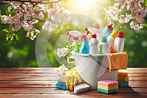 A bucket full of cleaning supplies sits on wooden table photo