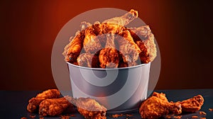 Bucket full of Fried Chicken wings and legs. Generative Ai