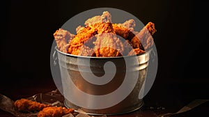 Bucket full of Fried Chicken wings and legs. Generative Ai