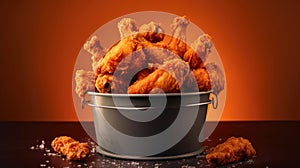 Bucket full of Fried Chicken wings and legs. Generative Ai