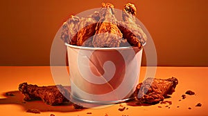 Bucket full of Fried Chicken wings and legs. Generative Ai