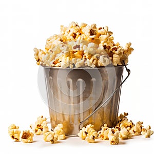 Bucket full of popcorn isolated on a white background.