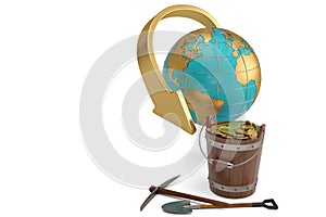 A bucket of gold coins and globe on white background. 3D illustration.
