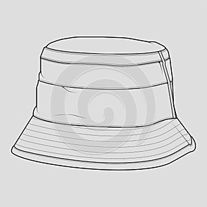 Bucket hat outline drawing vector, bucket hat in a sketch style, trainers template outline, vector Illustration.