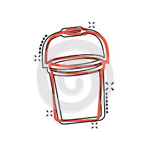 Bucket icon in comic style. Garbage pot cartoon vector illustration on white isolated background. Pail splash effect business