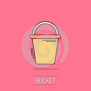 Bucket icon in comic style. Garbage pot cartoon vector illustration on white isolated background. Pail splash effect business