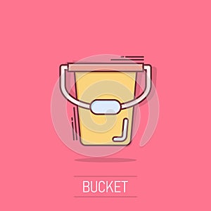 Bucket icon in comic style. Garbage pot cartoon vector illustration on white isolated background. Pail splash effect business