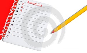 Bucket list notebook and a yellow pen on white background. Blank Template reminder