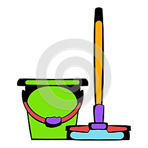 Bucket with a mop icon cartoon