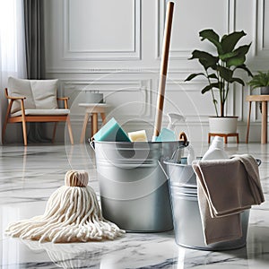 bucket, mop and rag on white marble floor in white room