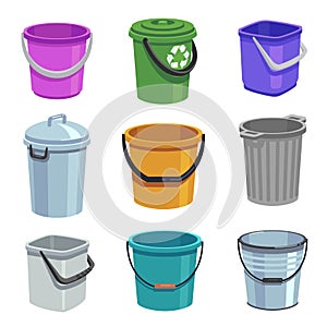 Bucket and pail set. Empty containers with handle, trash bins and buckets with water. Cartoon isolated set photo
