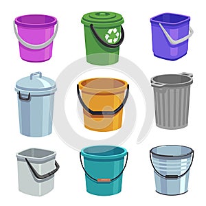 Bucket and pail set. Empty containers with handle, trash bins and buckets with water. Cartoon isolated set