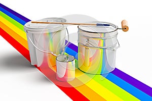 Bucket with paint, roller, and rainbows colors