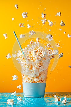 A bucket of popcorn with a straw in it