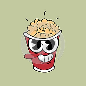 Bucket of popcorn vintage toons: funny character, vector illustration trendy classic retro cartoon style