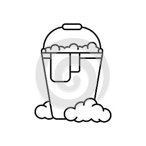 Bucket with rag and soap suds. Linear icon of wet cleaning. Black simple illustration of mopping, disinfection, washing with