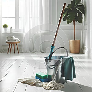 bucket and rag on white wooden floor in white empty room