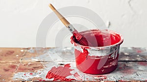 Bucket with red paint brush on empty wall background. Home improvement renovation interior decoration concept