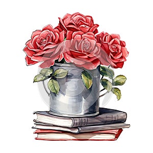 Bucket of Red Roses on a Stack of Books