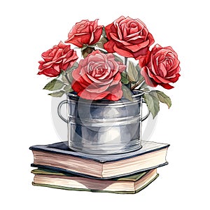 Bucket of Red Roses on a Stack of Books