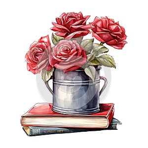 Bucket of Red Roses on a Stack of Books