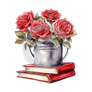 Bucket of Red Roses on a Stack of Books