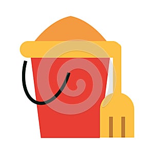 Bucket with sand and shovel toys flat icon style white background