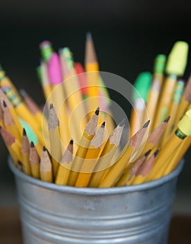 Bucket of sharp pencils ready for use