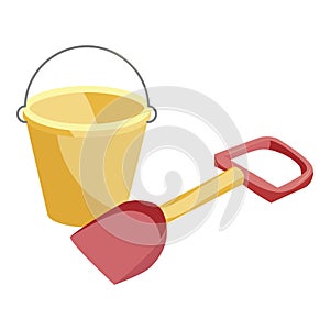 Bucket and shovel toys icon, cartoon style