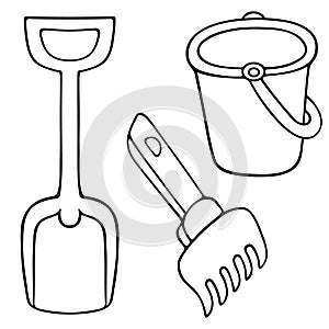 Bucket, spade and rake. Sketch Set of vector illustrations. Outline on an isolated white background. Doodle style. Collection.