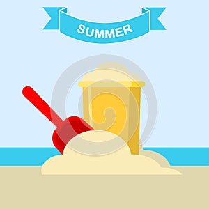 Bucket and spade with sand isolated on background. Shovel for sandbox. Vintage plastic toys for kids. Childhood concept. Vector