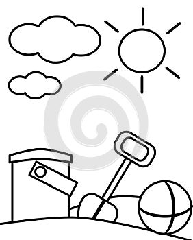 Bucket, toy shovel and ball, picture for children to be colored, black and white.