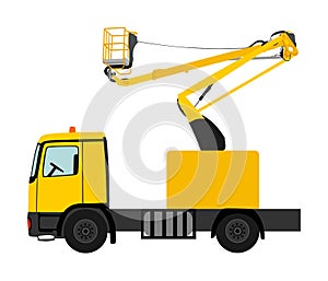 Bucket truck vector illustration isolated on white background. Aerial work bucket vehicle. Service urban vehicle for electrician.