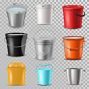 Bucket vector bucketful and bitbucket plastic pail empty or with water bucketing down in garden and garbagepail or