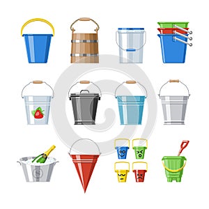 Bucket vector bucketful or wooden pailful and kids plastic pail for playing empty or with water bucketing down in garden