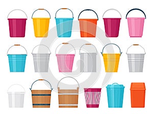 Bucket. Vector illustration. Flat design. Plastic, metal, wood pail photo