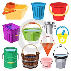 Bucket vector water full wood and metal, plastic bucketful illustration trash bin, pot isolated on white background