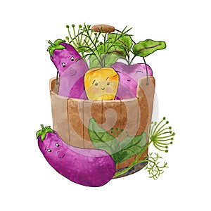 A bucket of vegetables. Vegetable basket. Wooden bucket with cartoon eggplants, carrots and beets with greens