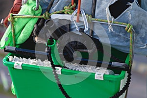 bucket for washing windows at an industrial climber, close-up