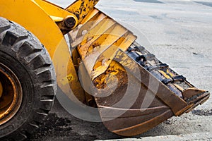 Bucket wheeled loader on the road construction