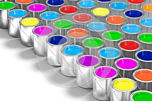 The buckets of colorful paint with white background, 3d rendering