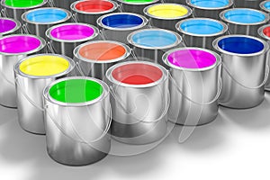 The buckets of colorful paint with white background, 3d rendering