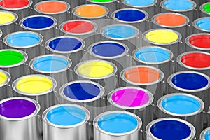 The buckets of colorful paint with white background, 3d rendering