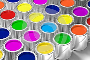 The buckets of colorful paint with white background, 3d rendering