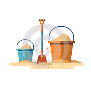 Buckets and scoop with pile of sand isolated on white background.